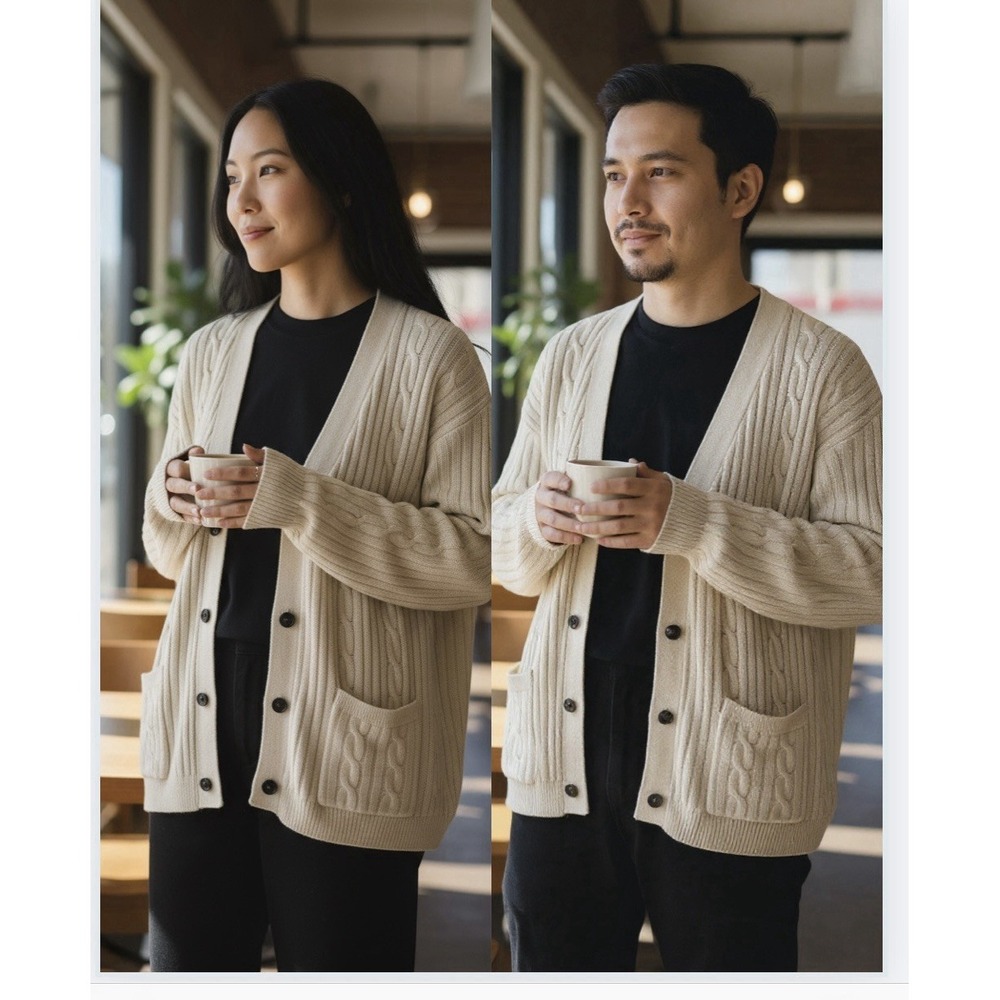 John Blair Vintage Beige Cable Knit Cardigan Sweater V-Neck Pockets‎ Y2K Unisex